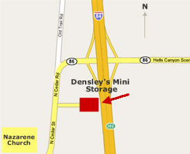 Map to Densley's Mini Storage in Baker City Oregon